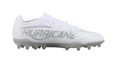 White silvery soccer cleat with textured upper, front side view.