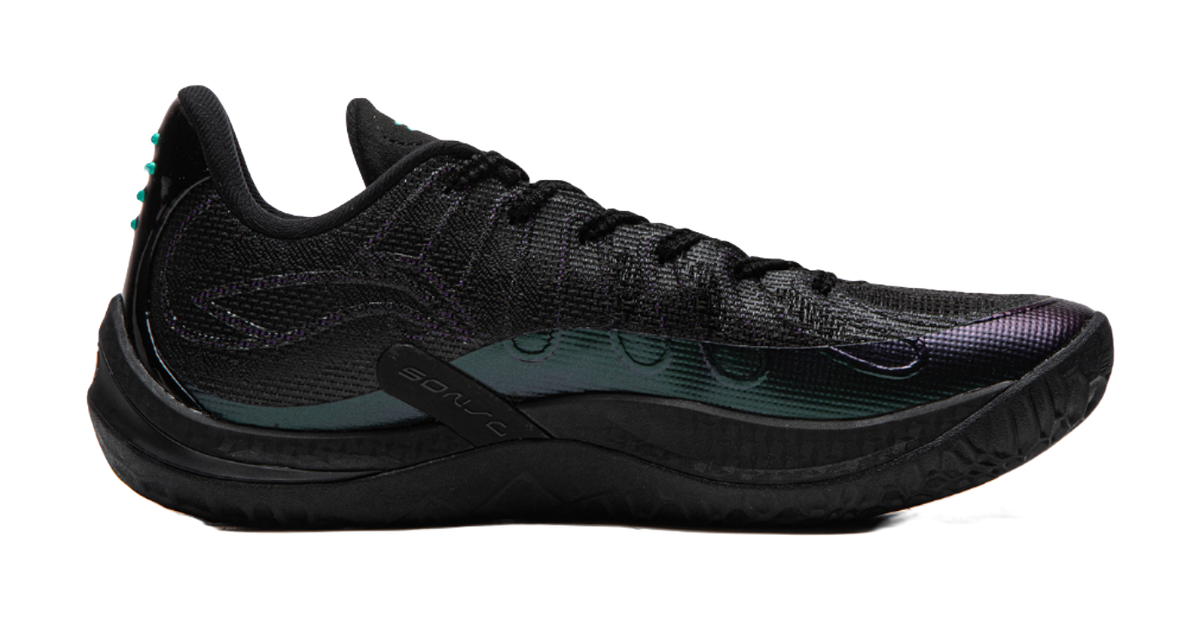 Men's black basketball shoe side view with teal midfoot panel and purple trim