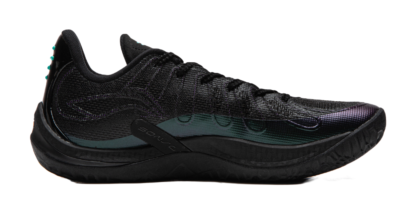 Men's black basketball shoe side view with teal midfoot panel and purple trim