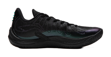 Men's black basketball shoe side view with teal midfoot panel and purple trim