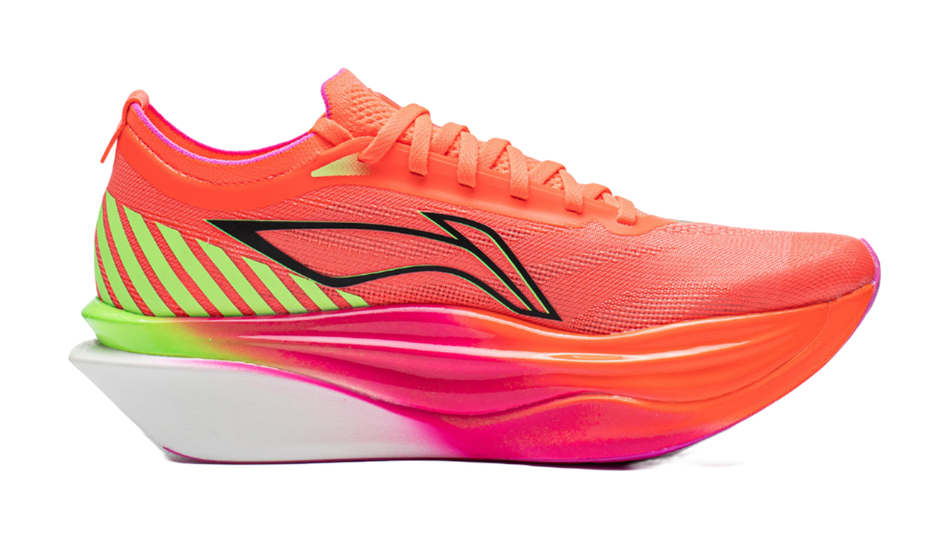 Fluorescent orange-red unisex carbon plate running shoe, side view with black logo and pink sole
