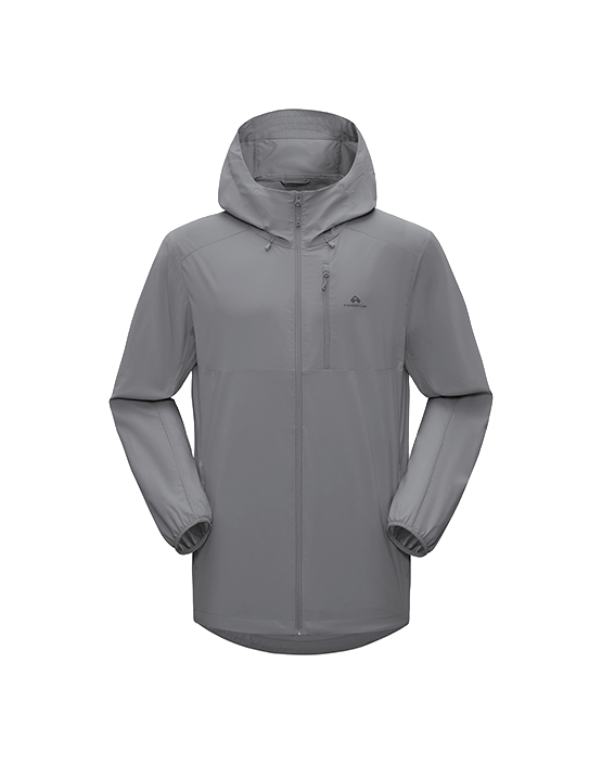 Men's hooded sun jacket in medium gray with full-length front zipper