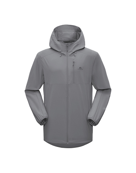 Men's hooded sun jacket in medium gray with full-length front zipper