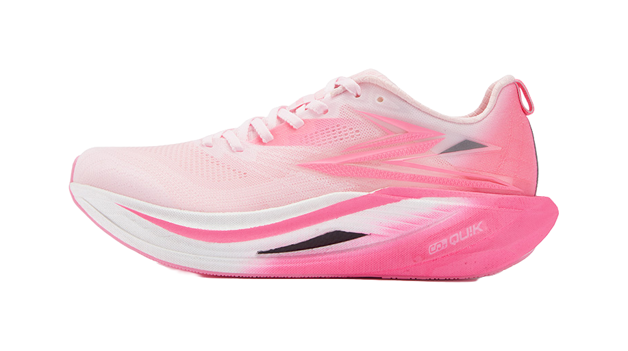 Pink and white lace-up running shoe with mesh upper and bold side stripe