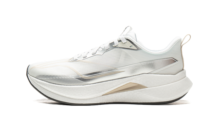 Li-Ning running shoe with white mesh upper and silver stripe accents, cushioned sole.