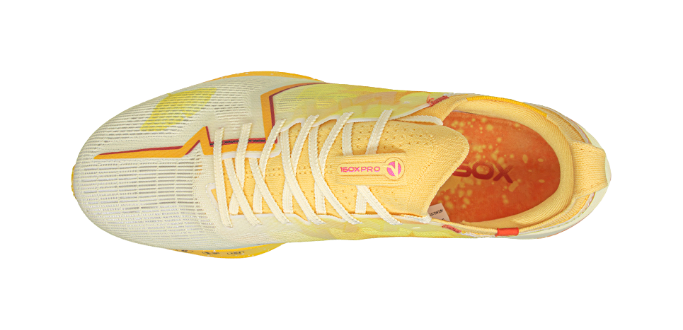 Men's racing shoe, yellow mesh upper, white laces, orange-lined heel pocket.