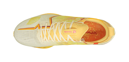 Men's racing shoe, yellow mesh upper, white laces, orange-lined heel pocket.