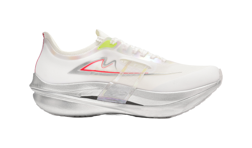 Unisex white running shoe side view with red logo detail and layered gray midsole