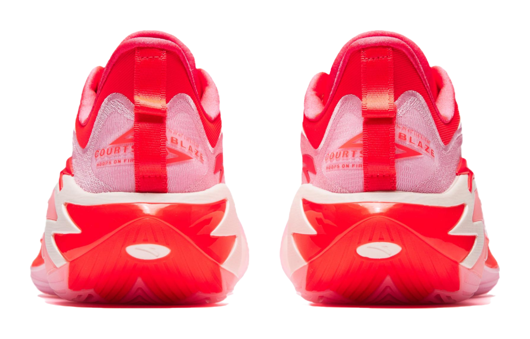 Pink and red basketball shoes heel view with molded outsole and branding on back