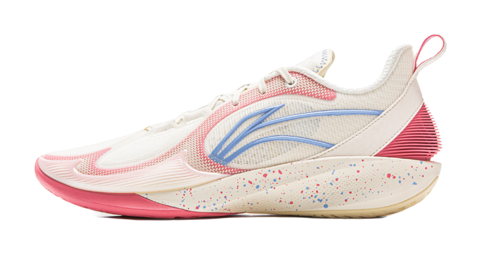 Cream and pink low-top basketball shoes with blue graphic stripe, lace-up.