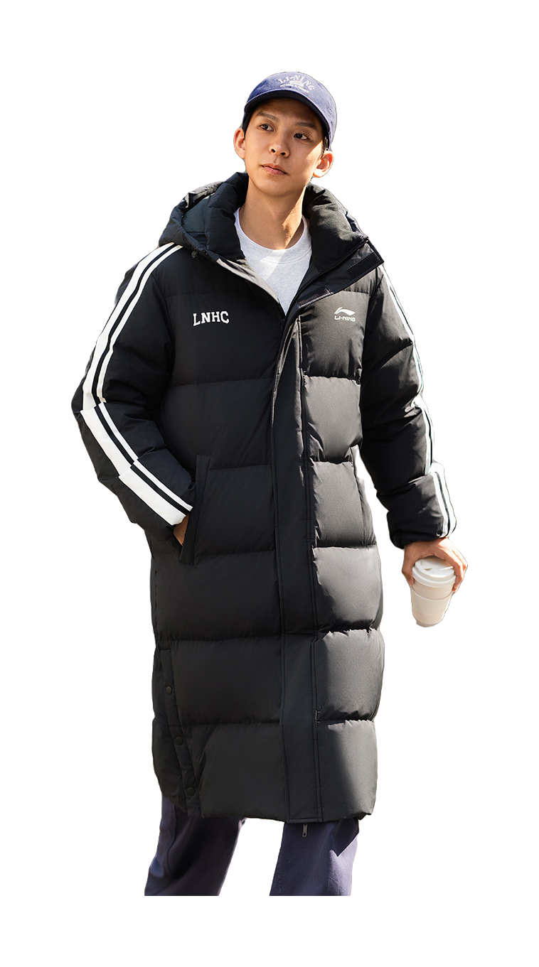 Men's black long hooded down jacket with stripe trim, front view