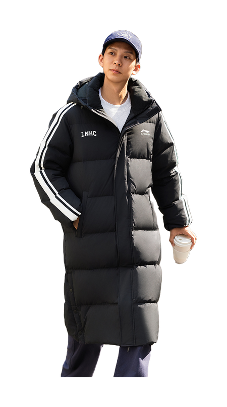Men's black long hooded down jacket with stripe trim, front view