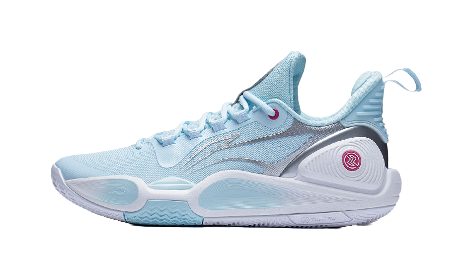 Blue and silver lace-up basketball shoe with mesh upper and cushioned sole