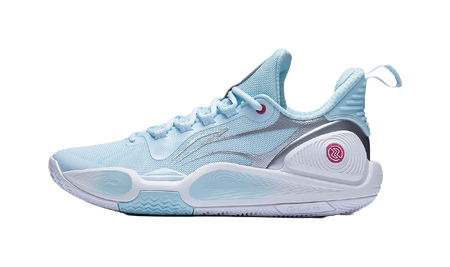 Blue and silver lace-up basketball shoe with mesh upper and cushioned sole