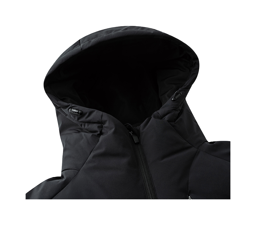 Men's black hooded down jacket with adjustable hood and zip front lining