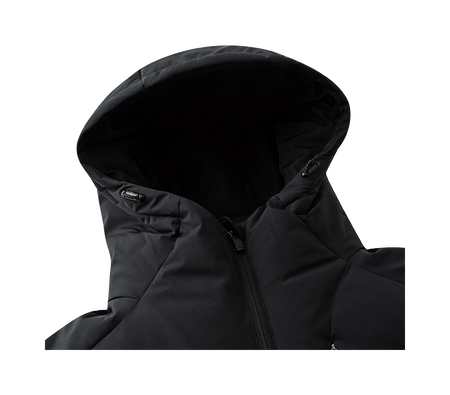 Men's black hooded down jacket with adjustable hood and zip front lining