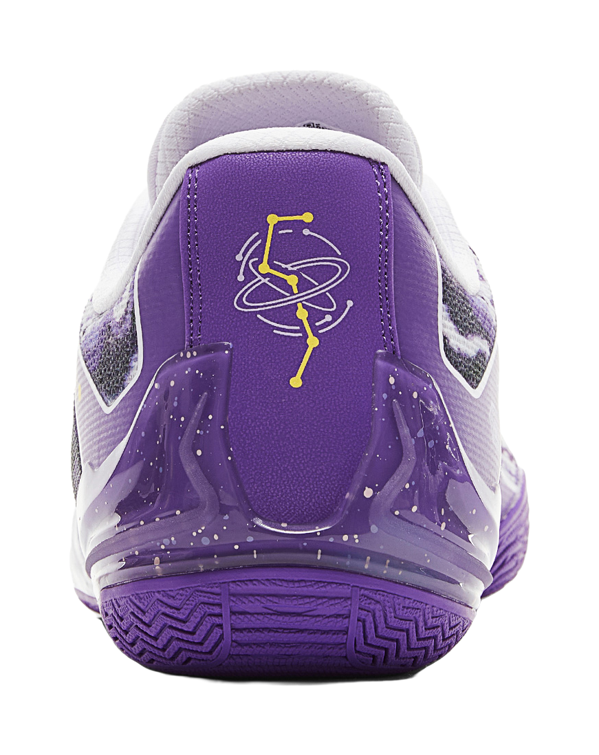 Rear of lavender and white basketball shoe with purple heel panel and graphic