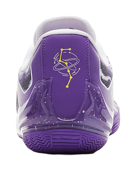 Rear of lavender and white basketball shoe with purple heel panel and graphic