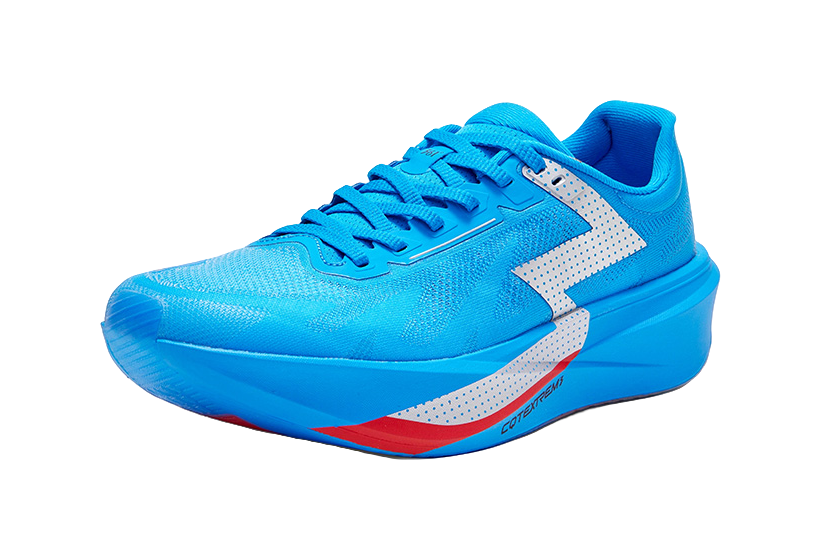 Unisex low running shoe, bright blue knit upper with white chevron and red sole strip
