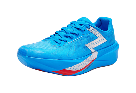 Unisex low running shoe, bright blue knit upper with white chevron and red sole strip