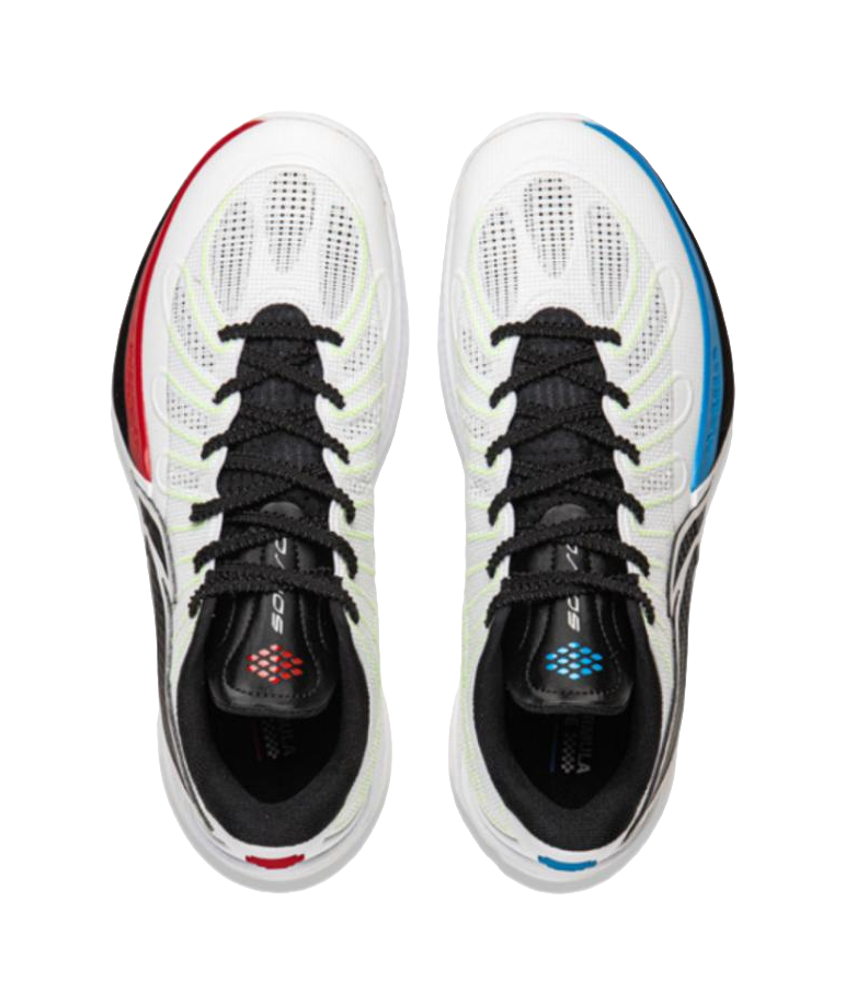 Li-Ning basketball shoe pair top view: white uppers, black laces, black tongue with red/blue logo