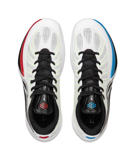Li-Ning basketball shoe pair top view: white uppers, black laces, black tongue with red/blue logo
