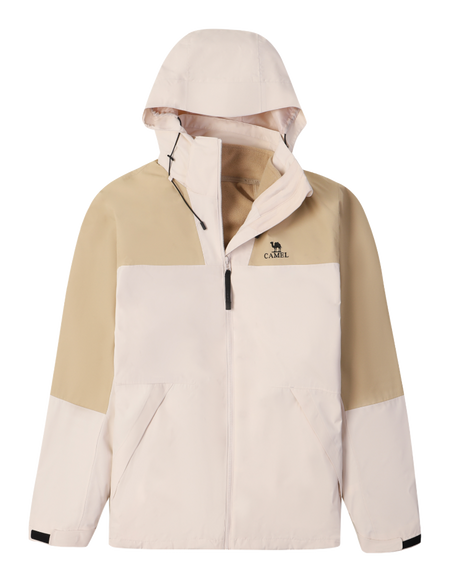 Colorblock windbreaker jacket with hood, full zip, cream and light white panels, CAMEL logo.