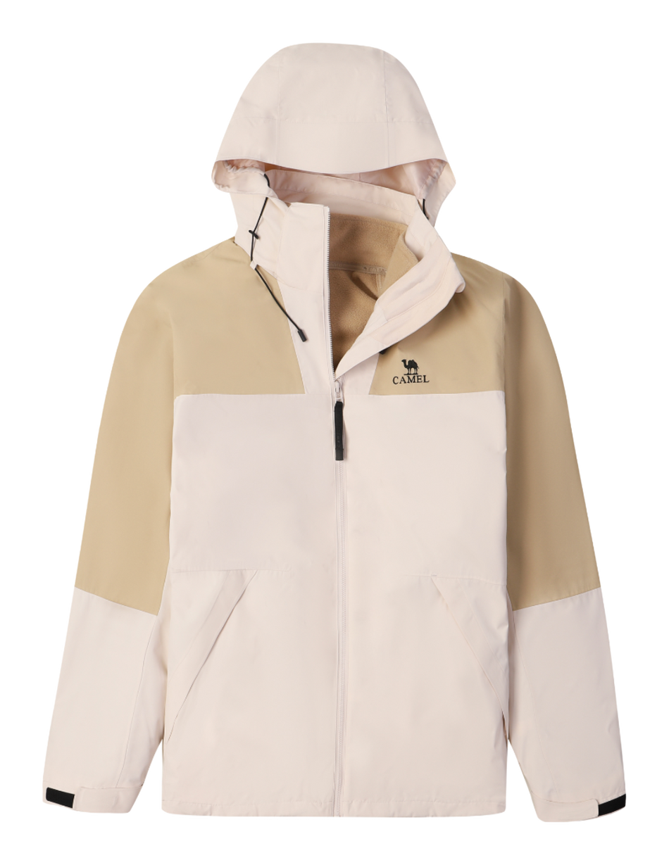 Colorblock windbreaker jacket with hood, full zip, cream and light white panels, CAMEL logo.