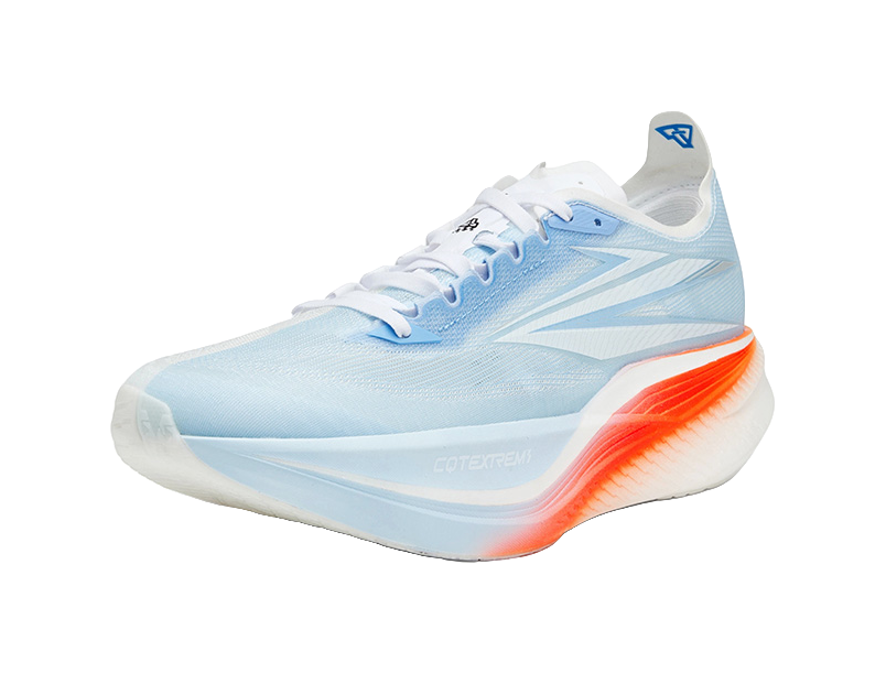 Light blue running sneaker with lace-up front and orange gradient sole