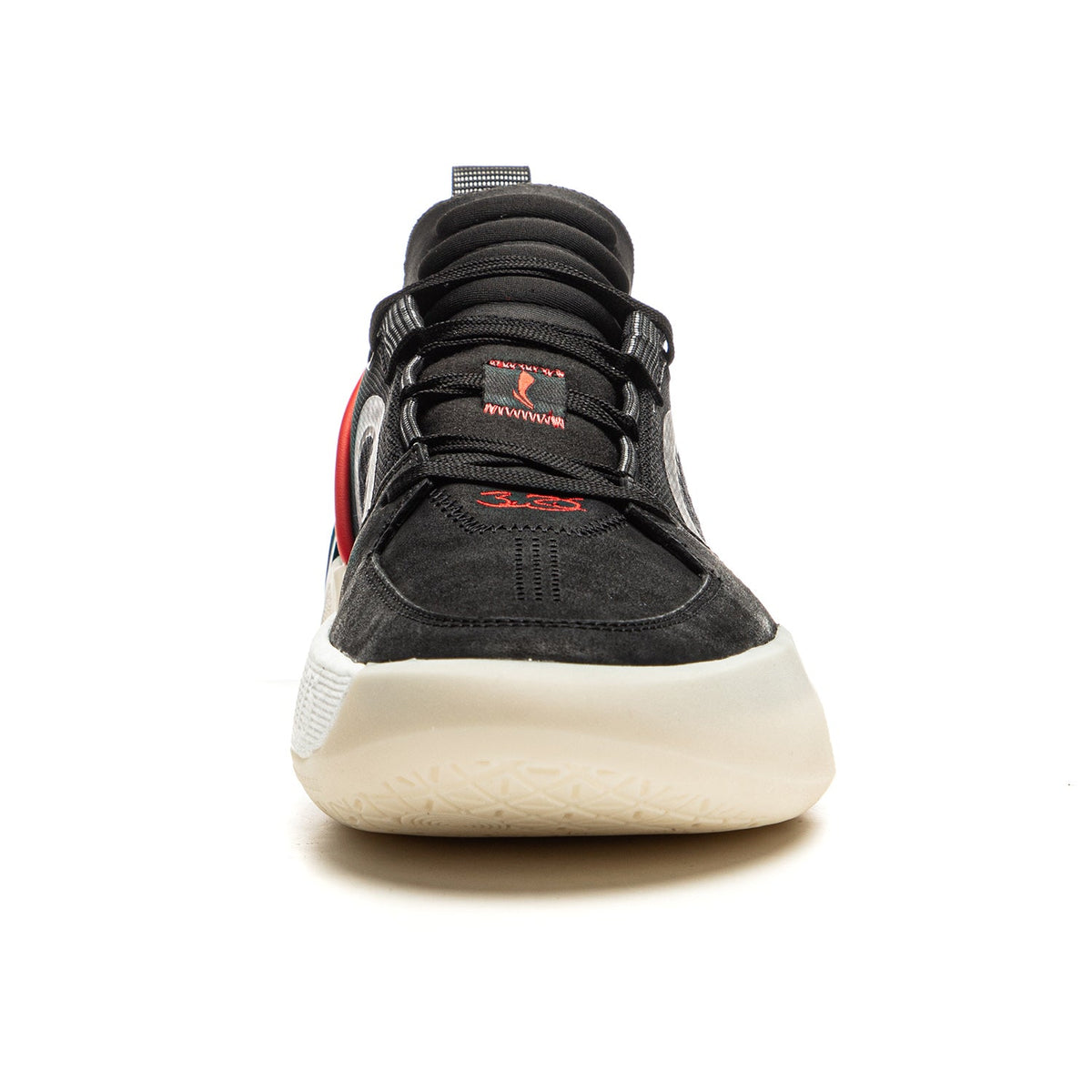 Black basketball shoe with red logo accents, lace-up upper, cushioned light sole.