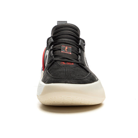 Black basketball shoe with red logo accents, lace-up upper, cushioned light sole.