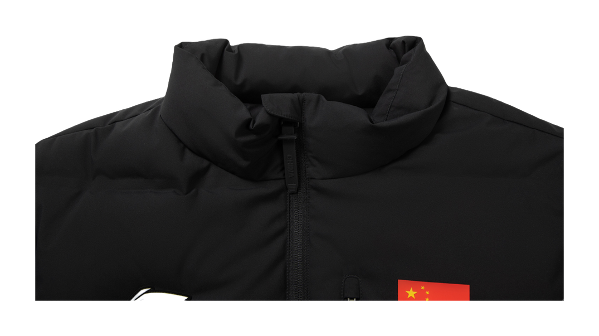 Li Ning men's black down jacket with front zipper and red flag chest patch
