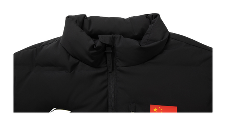 Li Ning men's black down jacket with front zipper and red flag chest patch