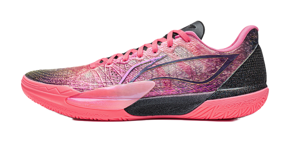 Pink/black lace-up basketball shoe with mesh upper and thick rubber sole