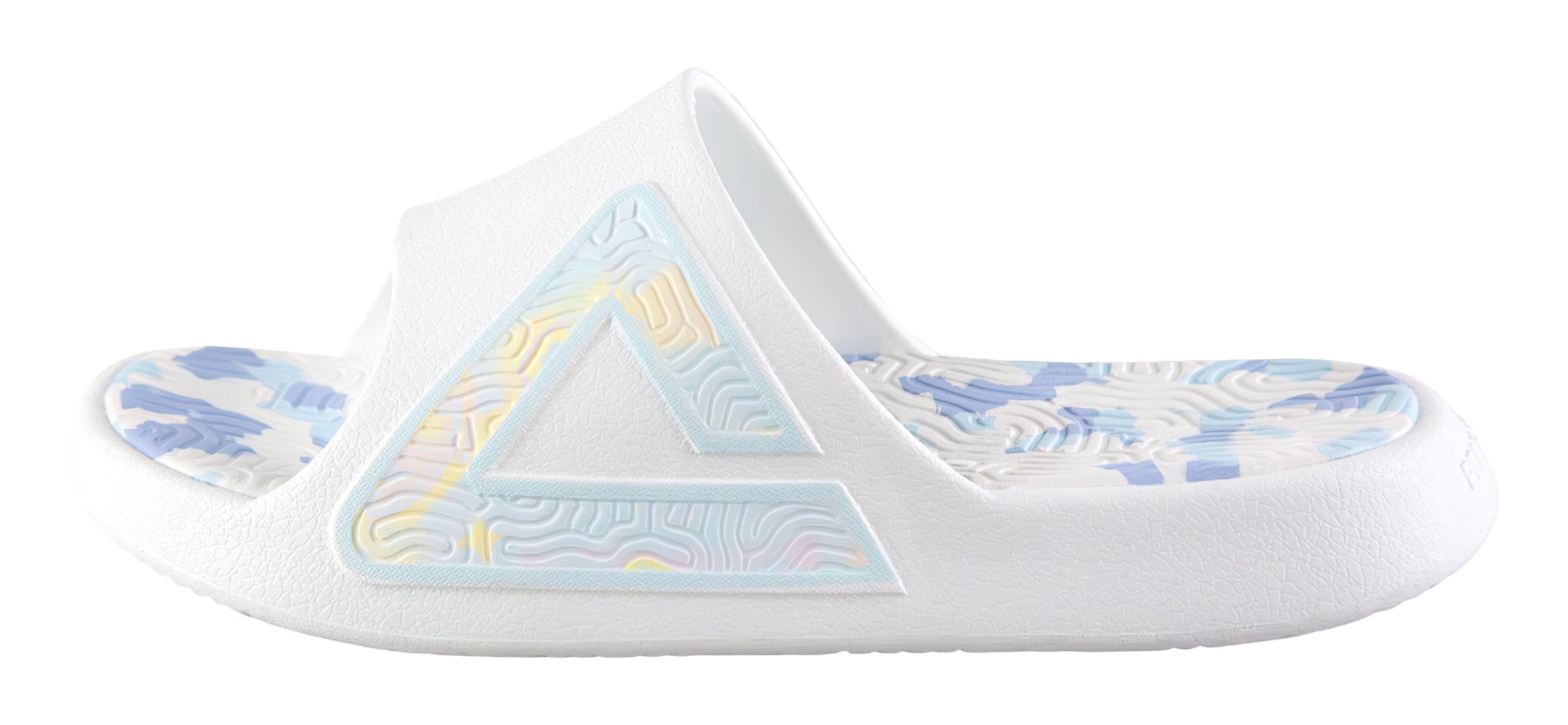 Unisex recovery slides with white textured upper and blue patterned footbed straps