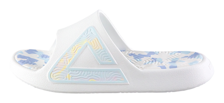 Unisex recovery slides with white textured upper and blue patterned footbed straps