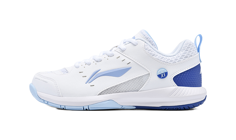 White and blue badminton shoe with mesh upper, lace-up, and blue logo accents