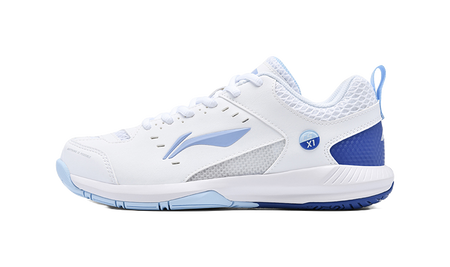 White and blue badminton shoe with mesh upper, lace-up, and blue logo accents