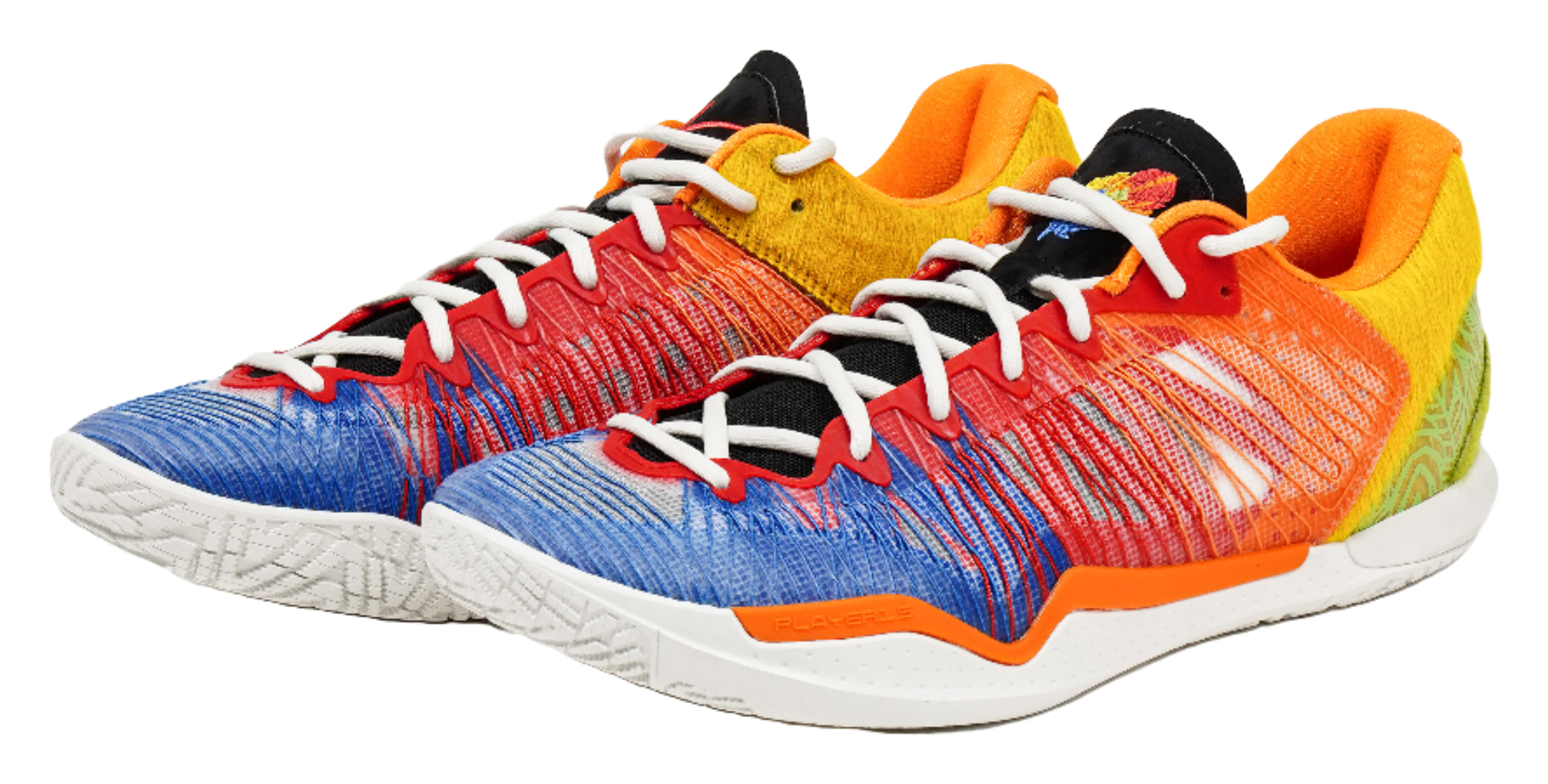 Pair of multicolor low-top basketball shoes with white laces and cushioned collar