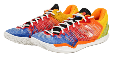 Pair of multicolor low-top basketball shoes with white laces and cushioned collar