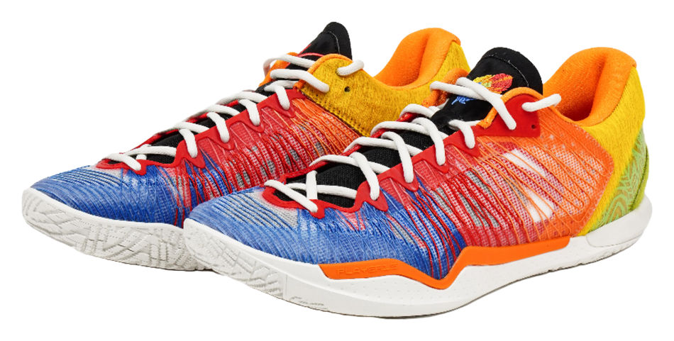 Pair of multicolor low-top basketball shoes with white laces and cushioned collar