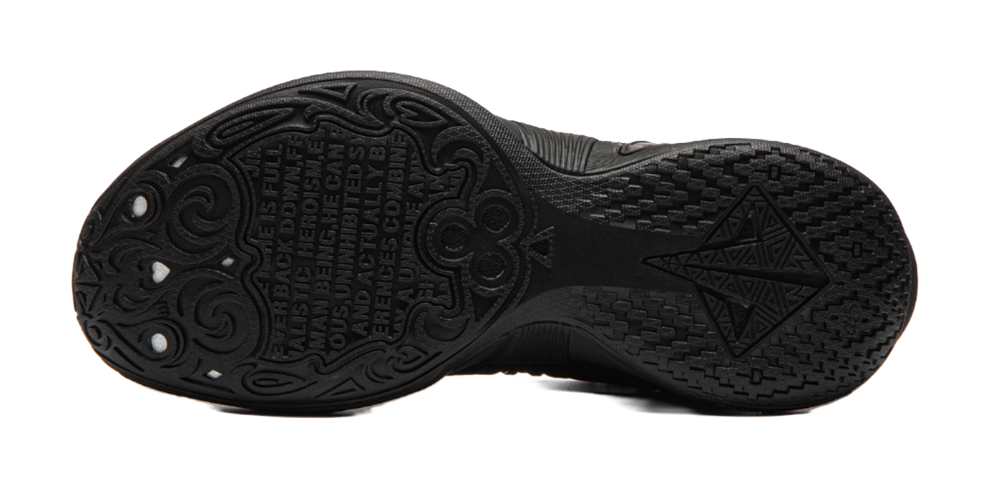 Black basketball shoe outsole with traction tread pattern and star-shaped grooves