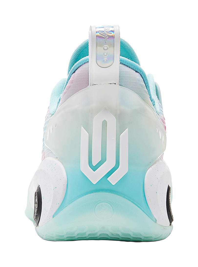 Light blue basketball shoe heel with large logo patch and adjustable ankle strap