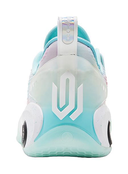 Light blue basketball shoe heel with large logo patch and adjustable ankle strap