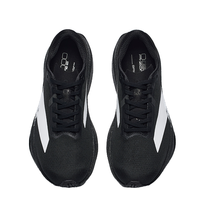 Women's running shoes, front view with black laces and white logo accents