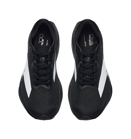 Women's running shoes, front view with black laces and white logo accents