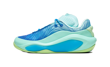 Men's blue lace-up basketball shoe with aqua sole and textured side panel
