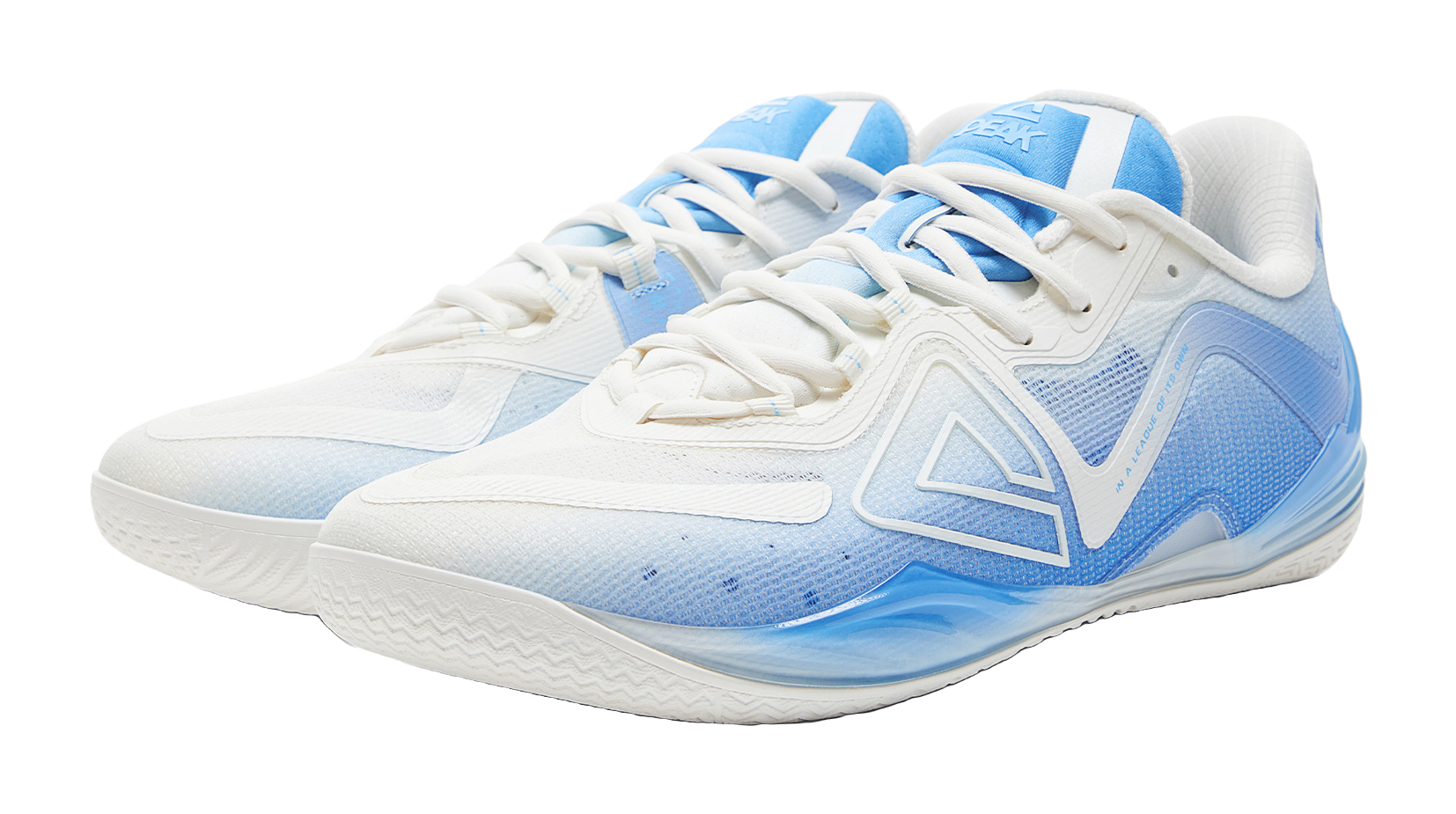 White and blue basketball shoe, three-quarter view with blue patterned toe and laces