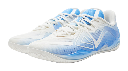 White and blue basketball shoe, three-quarter view with blue patterned toe and laces