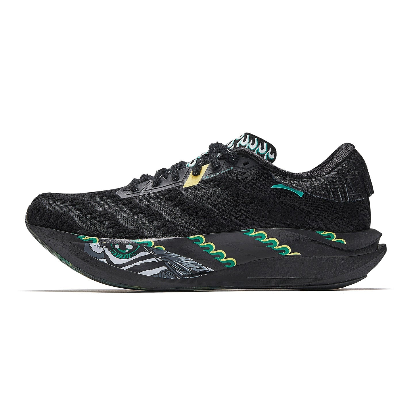 Women’s black running shoe with official green accents, lace-up, graphic midsole.